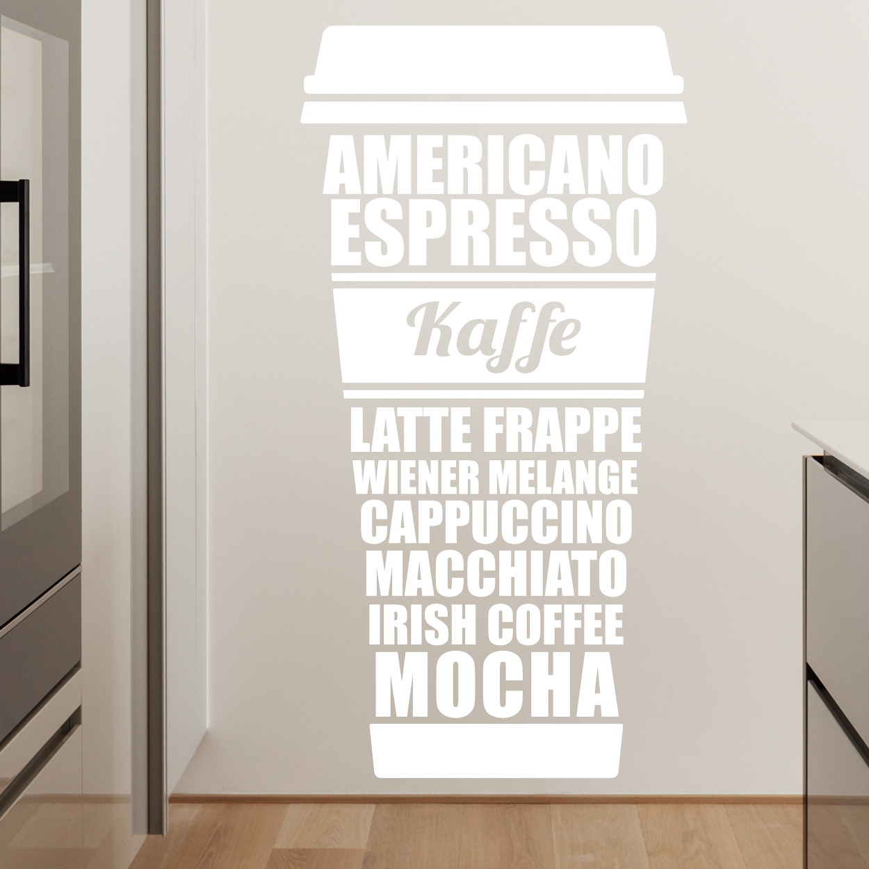 Kaffe wallsticker. Flot wallstickers med mange kaffetyper nævnt