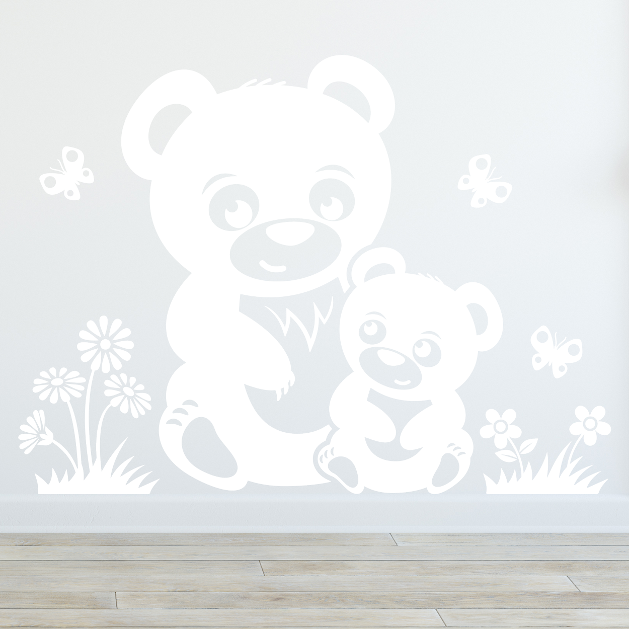 wallsticker af 2 bjørne med blomster, græs og sommerfugle omkring dem. Flot wallstickers til børneværelset