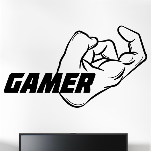 Gamer wallsticker med teksten "Gamer" og en hånd med muskler. Sej wallstickers til børneværelset