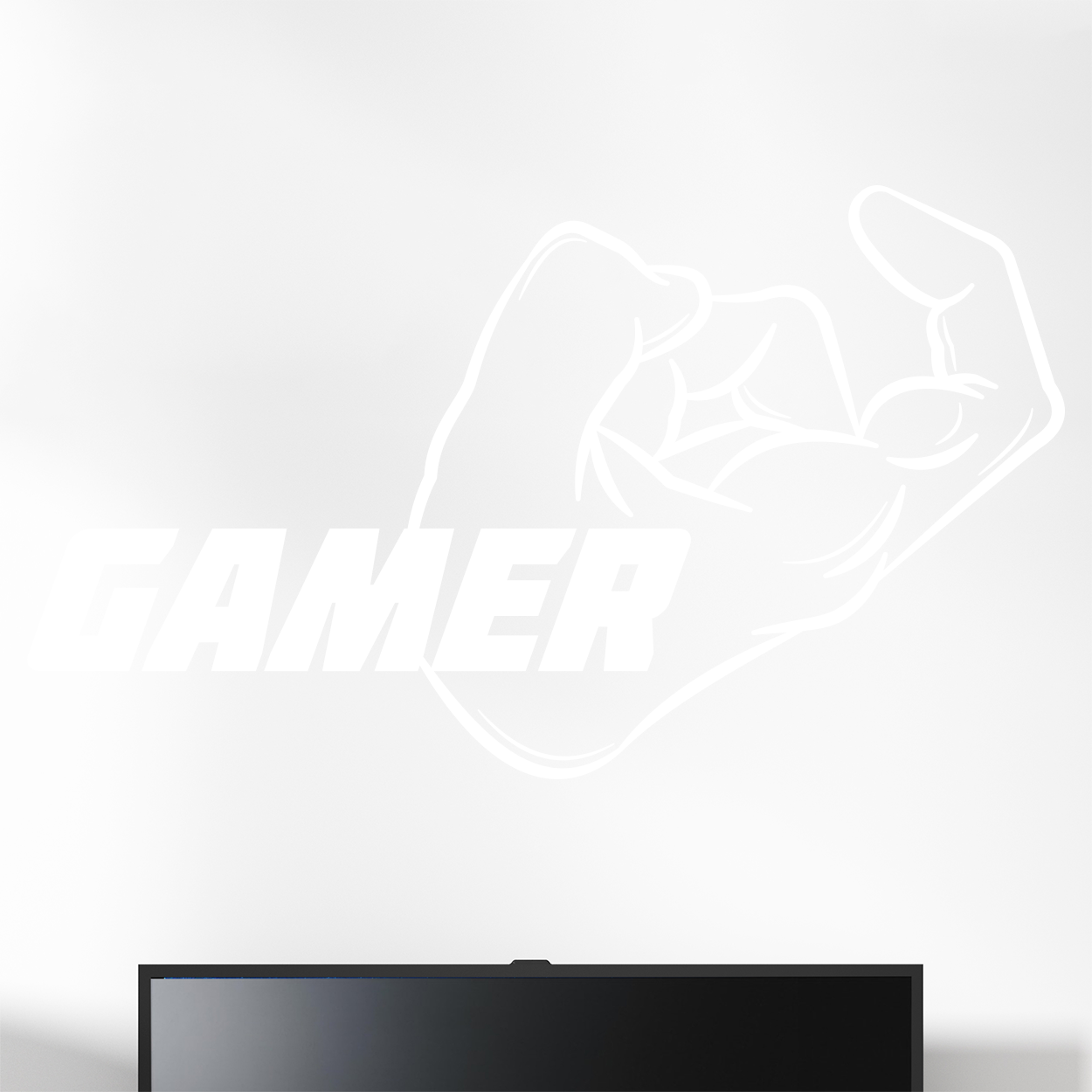 Gamer wallsticker med teksten "Gamer" og en hånd med muskler. Sej wallstickers til børneværelset