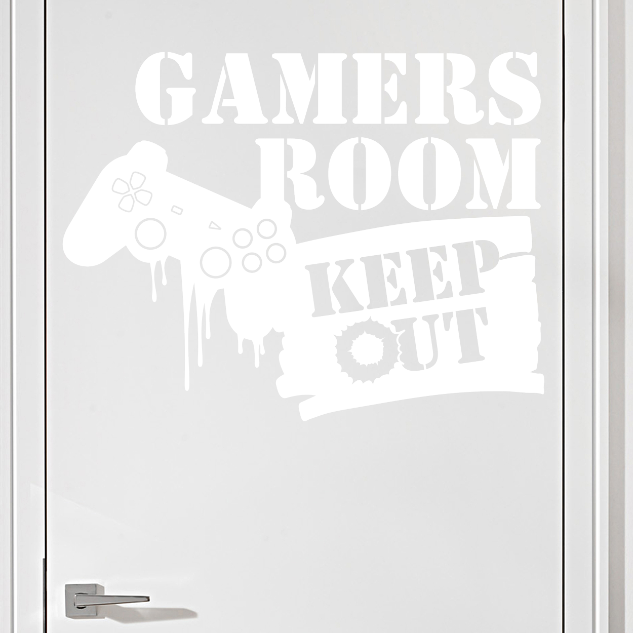 Gamer wallsticker med teksten "Games room keep out" og konsol kontroller. Sej wallstickers til børneværelset