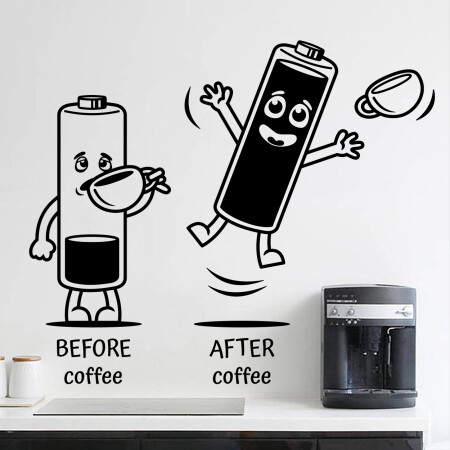 Wallsticker med teksten "Before coffee - after coffee" og batterier der drikker kaffe. Flot wallstickers til køkkenet