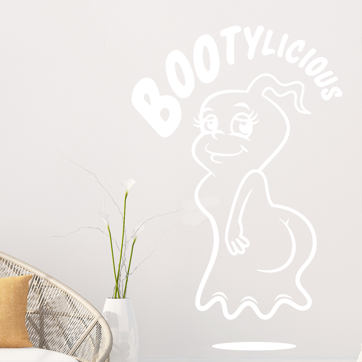 Wallsticker med teksten "bootylicious". sjov wallstickers med et spøgelse der viser booty