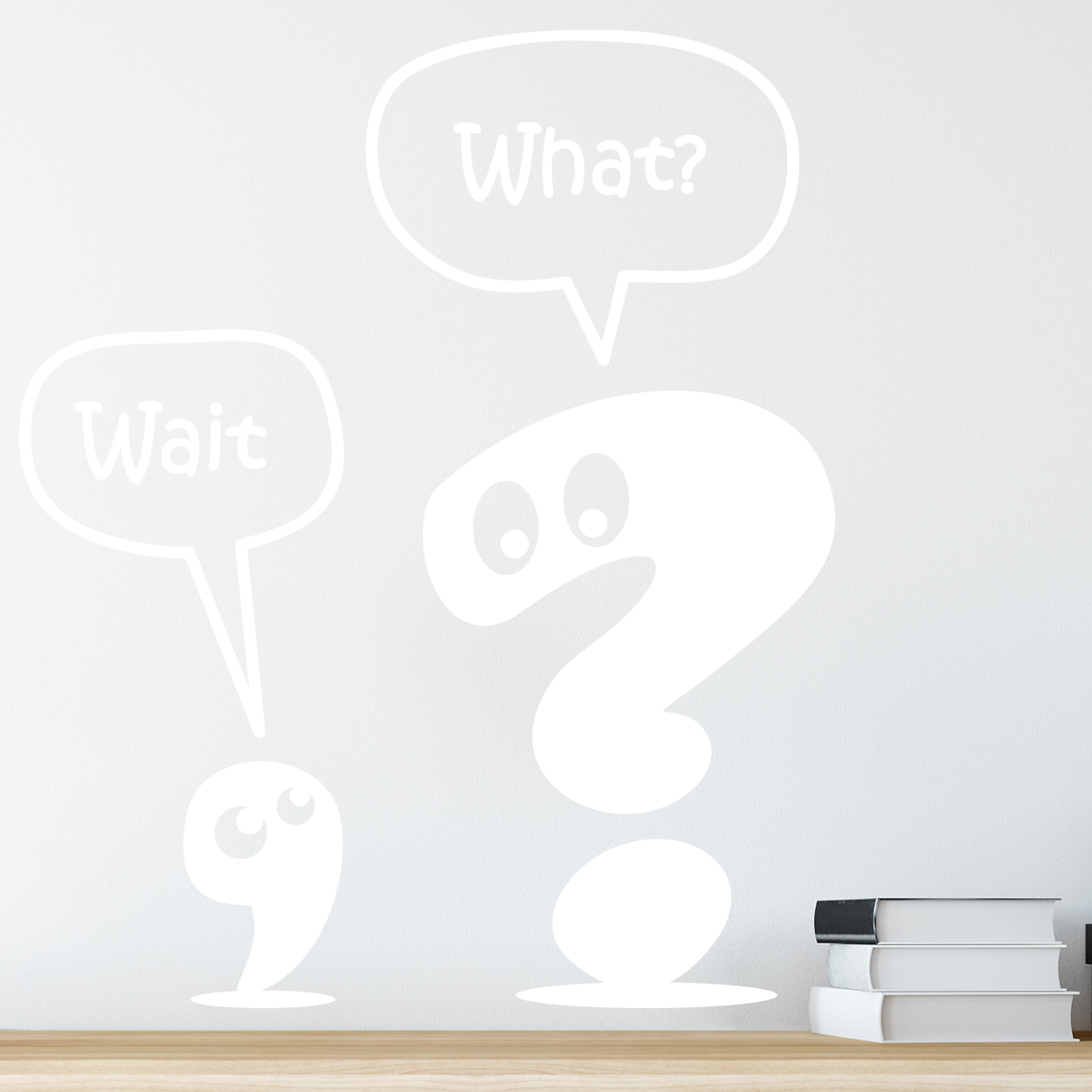 Wallsticker med et komma og et spørgsmålstegn, der siger wait, what? Flot wallstickers til bl.a. kontoret