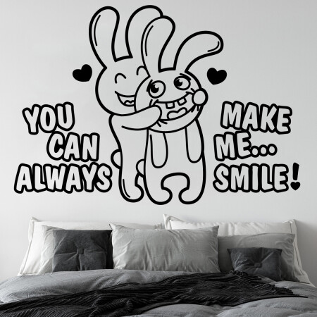 Wallsticker med teksten "You can always make me smile" og 2 kaniner