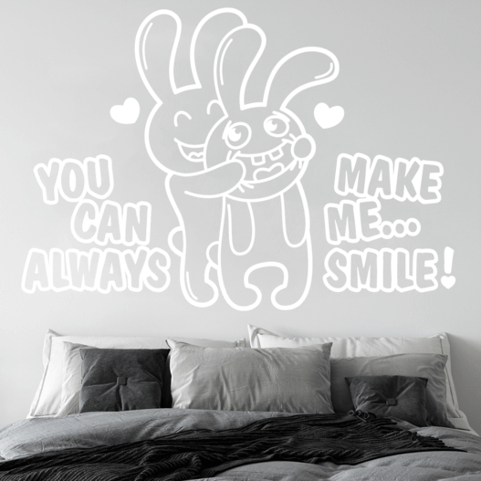 Wallsticker med teksten "You can always make me smile" og 2 kaniner