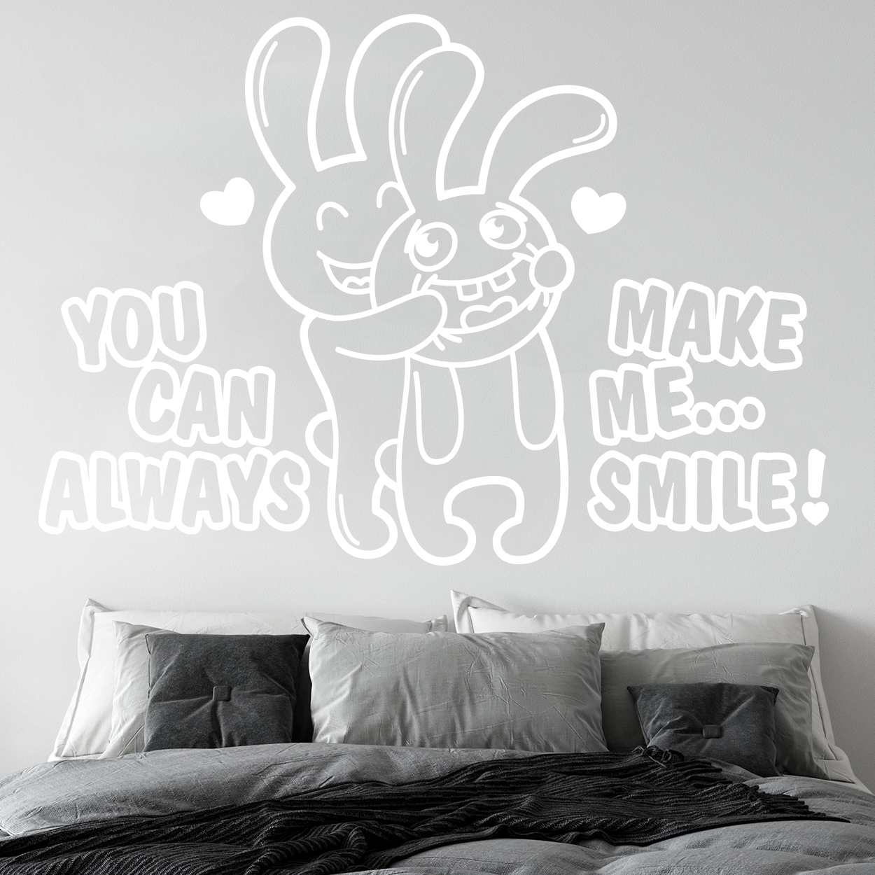 Wallsticker med teksten "You can always make me smile" og 2 kaniner