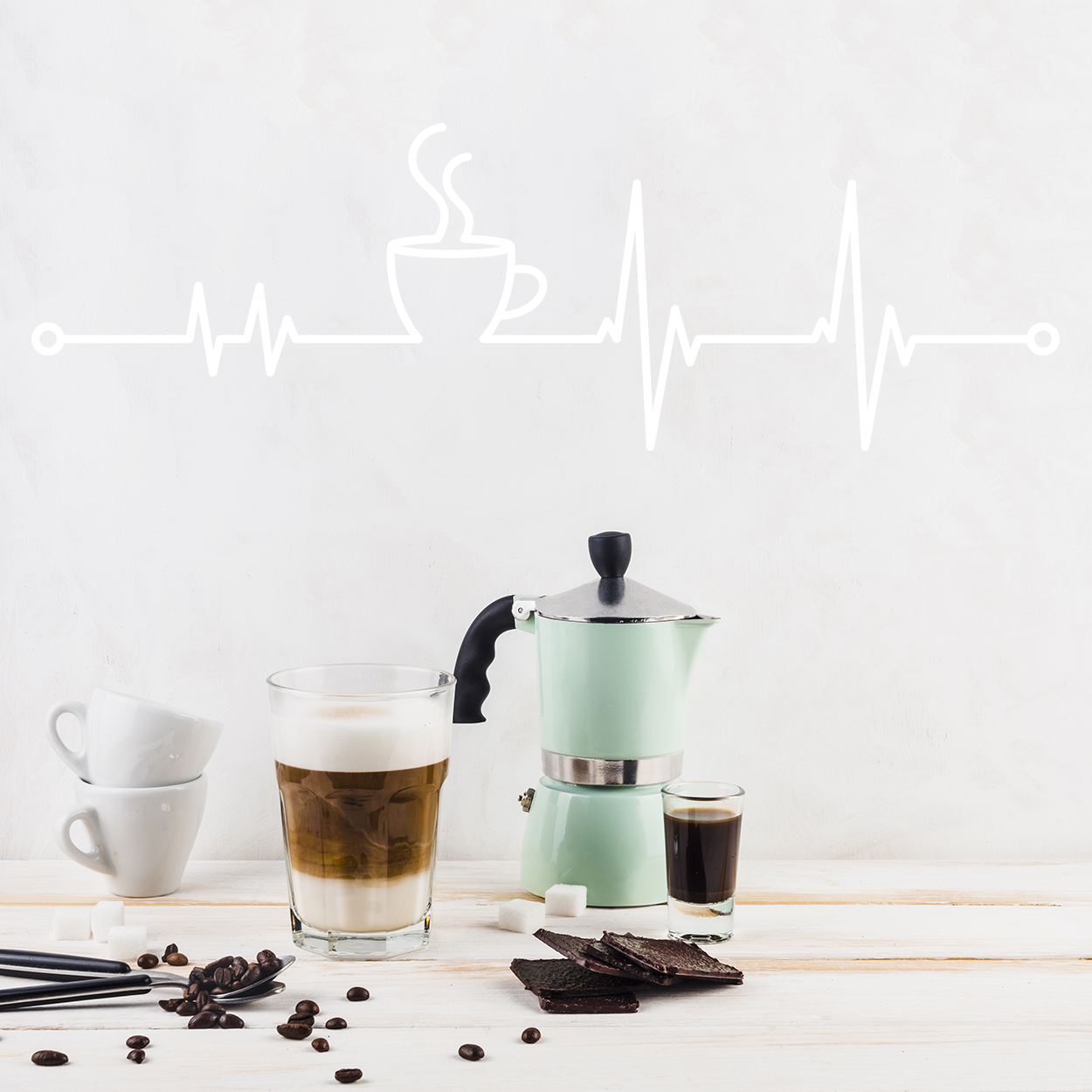 Wallsticker med kaffe i et hjerteslag, der viser en kop kaffe i et hjerteslag.