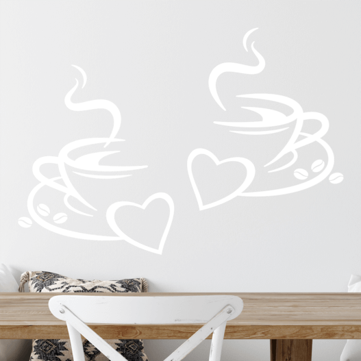 Wallsticker med to flotte kaffekopper, der har viser et par hjerter og kaffebønner