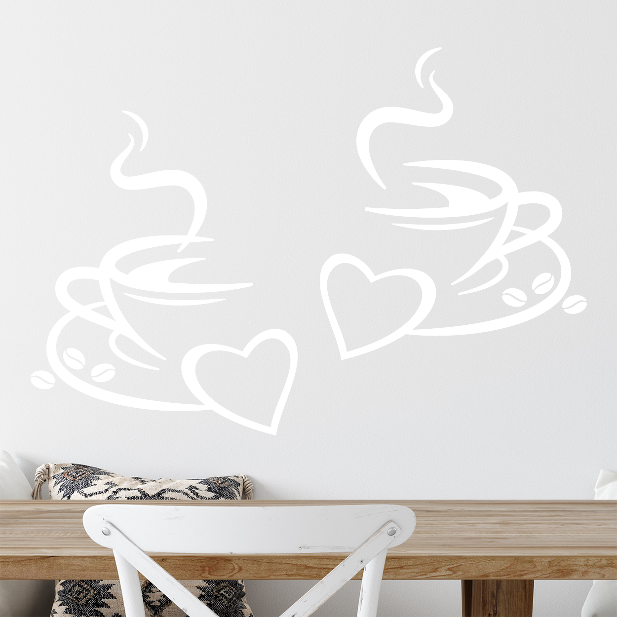 Wallsticker med to flotte kaffekopper, der har viser et par hjerter og kaffebønner
