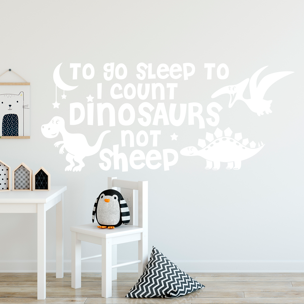 Wallsticker med teksten "to go to sleep i count dinosaurs not sheep"