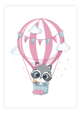 Plakat med vaskebjørn i luftballon
