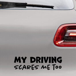 Bilsticker med teksten "My driving scares me too"