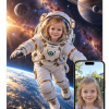 Personlig astronaut plakat: person i rumdragt med synligt ansigt blandt planeter