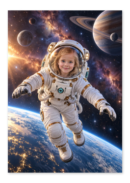 Personlig astronaut plakat: person i rumdragt med synligt ansigt blandt planeter