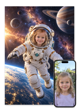 Personlig astronaut plakat: person i rumdragt med synligt ansigt blandt planeter