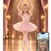 Personlig ballerina plakat: barn i balletdragt med løftede arme på en gylden scene i spotlys med ansigtet fremad