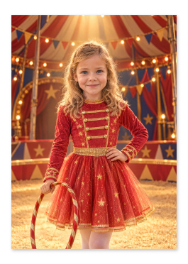 Personlig cirkus plakat: barn i spotlys under farverig teltdug med synligt ansigt