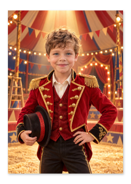 Personlig cirkus plakat: barn i spotlys under farverig teltdug med synligt ansigt