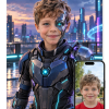 Personlig cyborg plakat: barn som cyberhelt med halv mekanisk ansigt og kobolt-armor