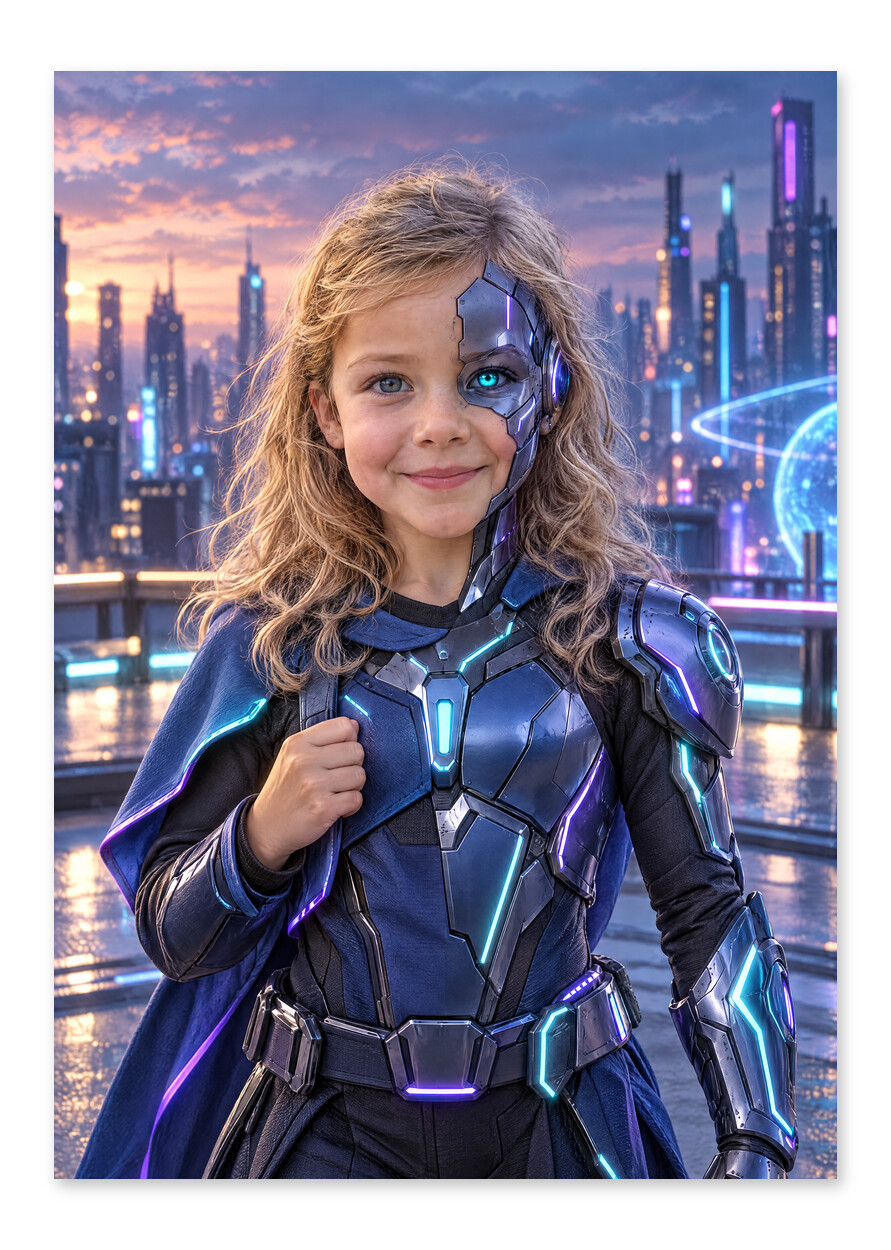 Personlig cyborg plakat: barn som cyberhelt med halv mekanisk ansigt og kobolt-armor