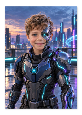 Personlig cyborg plakat: barn som cyberhelt med halv mekanisk ansigt og kobolt-armor