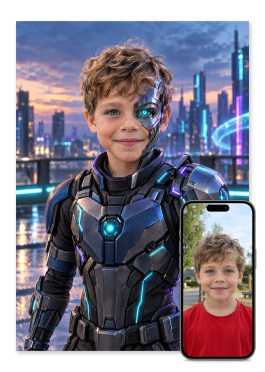 Personlig cyborg plakat: barn som cyberhelt med halv mekanisk ansigt og kobolt-armor