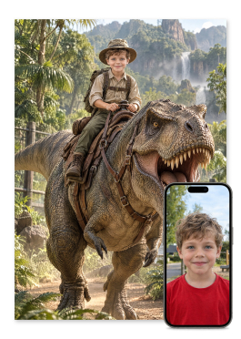 Personlig dinosaur plakat: barn rider på stor dinosaur i frodig urskov