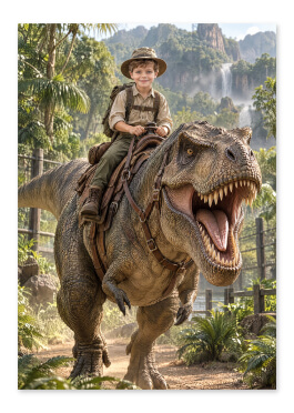 Personlig dinosaur plakat: barn rider på stor dinosaur i frodig urskov