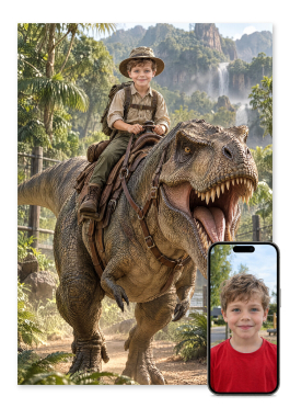 Personlig dinosaur plakat: barn rider på stor dinosaur i frodig urskov