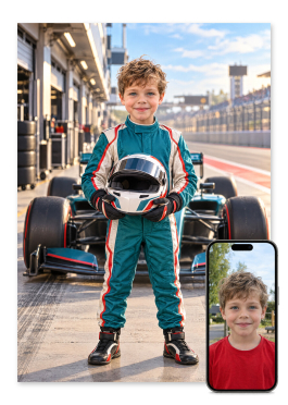 Personlig F1 plakat: barn i teal racerdragt holder hjelm foran en generisk racerbil i pitlanen med ansigtet fremad