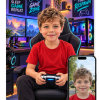 Personlig gamer plakat: barn i gamingstol med controller og neonlys