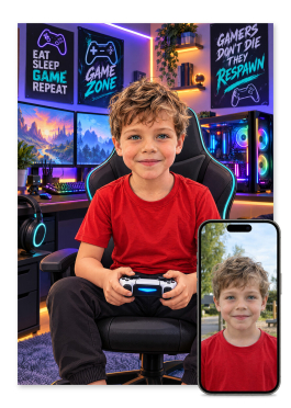 Personlig gamer plakat: barn i gamingstol med controller og neonlys
