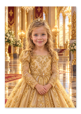 Personlig gylden prinsesse plakat: barn i champagne-kjole i varmt paladslys med ansigtet fremad