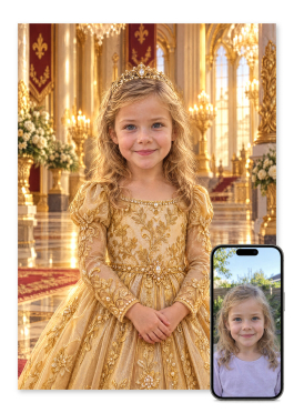 Personlig gylden prinsesse plakat: barn i champagne-kjole i varmt paladslys med ansigtet fremad