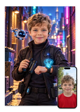 Personlig hemmelig agent plakat: barn med hologram-ur, ørepiece, kikkert og mini-drone i neon-gyde