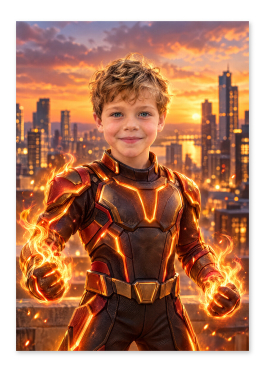 Personlig ildhelt plakat: barn i ember-armor med blødt flammeskær om hænderne i en skumringsby med ansigtet fremad