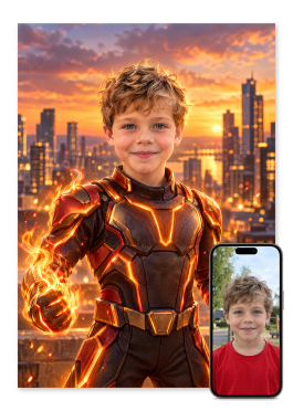 Personlig ildhelt plakat: barn i ember-armor med blødt flammeskær om hænderne i en skumringsby med ansigtet fremad