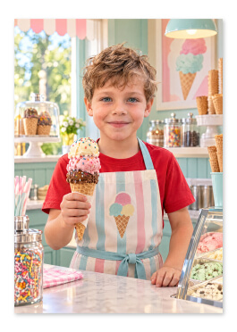 Personlig isbutik plakat: barn bag pastelfarvet disk med farverig isvafler og synligt ansigt