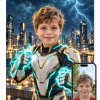 Personlig lynhelt plakat: barn i hvid og guld helte-armor med teal lynlys om næverne i en natteby med ansigtet fremad