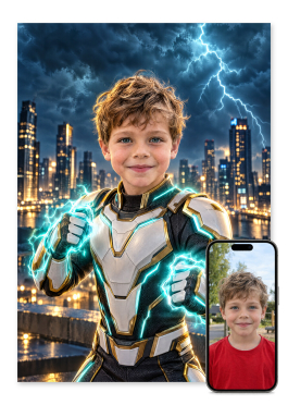 Personlig lynhelt plakat: barn i hvid og guld helte-armor med teal lynlys om næverne i en natteby med ansigtet fremad