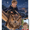 Personlig natteugle plakat: barn i indigo kappe rider på en venlig kæmpeugle over månelys skov med ansigtet fremad