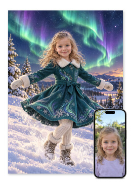Personlig nordlys plakat: barn i teal vinterfrakke danser under grønt og violet nordlys på en snedækket bakke med ansigtet fremad