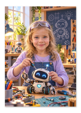 Personlig robot-opfinder plakat: barn bygger venlig robot i lyst værksted