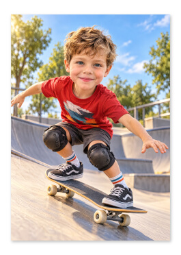 Personlig skater plakat: barn på skateboard i solrig skatepark med stærk ansigtslighed