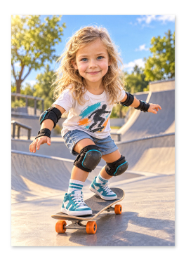Personlig skater plakat: barn på skateboard i solrig skatepark med stærk ansigtslighed