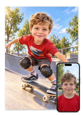 Personlig skater plakat: barn på skateboard i solrig skatepark med stærk ansigtslighed