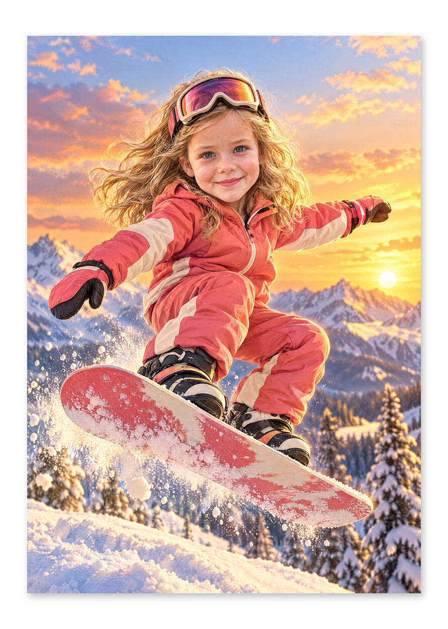 Personlig snowboard plakat: barn i snowboardtøj hopper over sneklædte bjerge i gylden solnedgang med ansigtet fremad