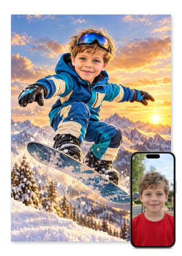 Personlig snowboard plakat: barn i snowboardtøj hopper over sneklædte bjerge i gylden solnedgang med ansigtet fremad