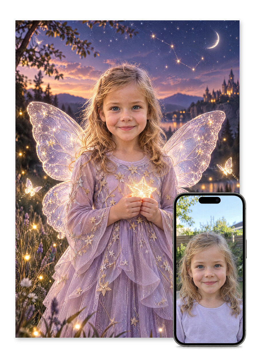 Personlig stjernefe plakat: barn med bløde stjernevinger i dusk-eng under stjernehimmel, ansigt fremad